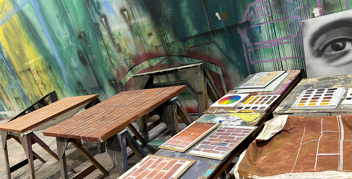 Various painted boards and surfaces displaying different brick patterns and color swatches are arranged on sawhorses in a workshop setting, with a vibrant, graffiti-like mural in the background.