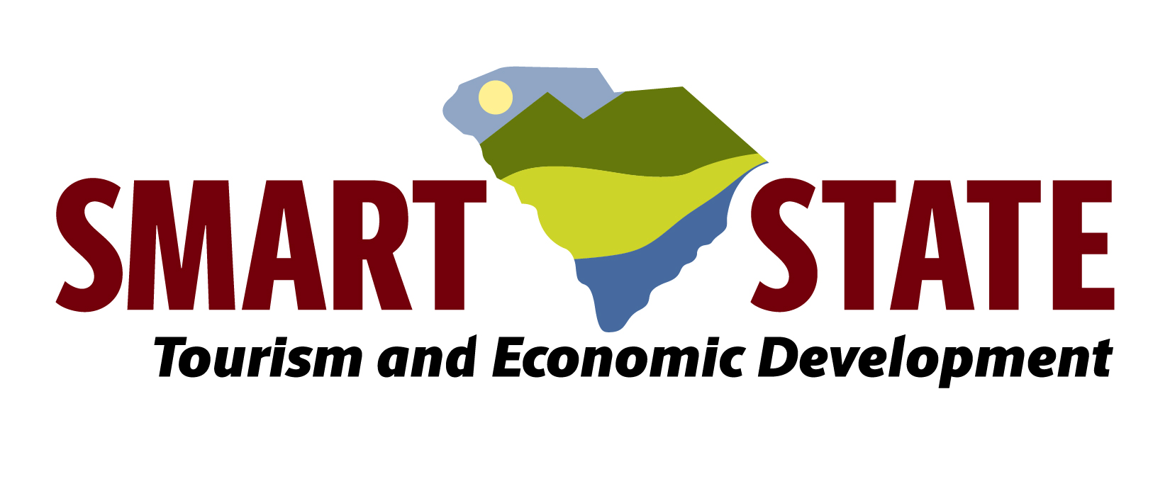 SmartState graphic showing the state of South Carolina portioned into the regions foothills, piedmont, midlands, and lowcountry with different colors. The graphic says: SmartState Tourism and Economic Development 