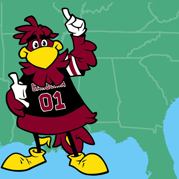 Cocky mascot overlayed the southeastern united states